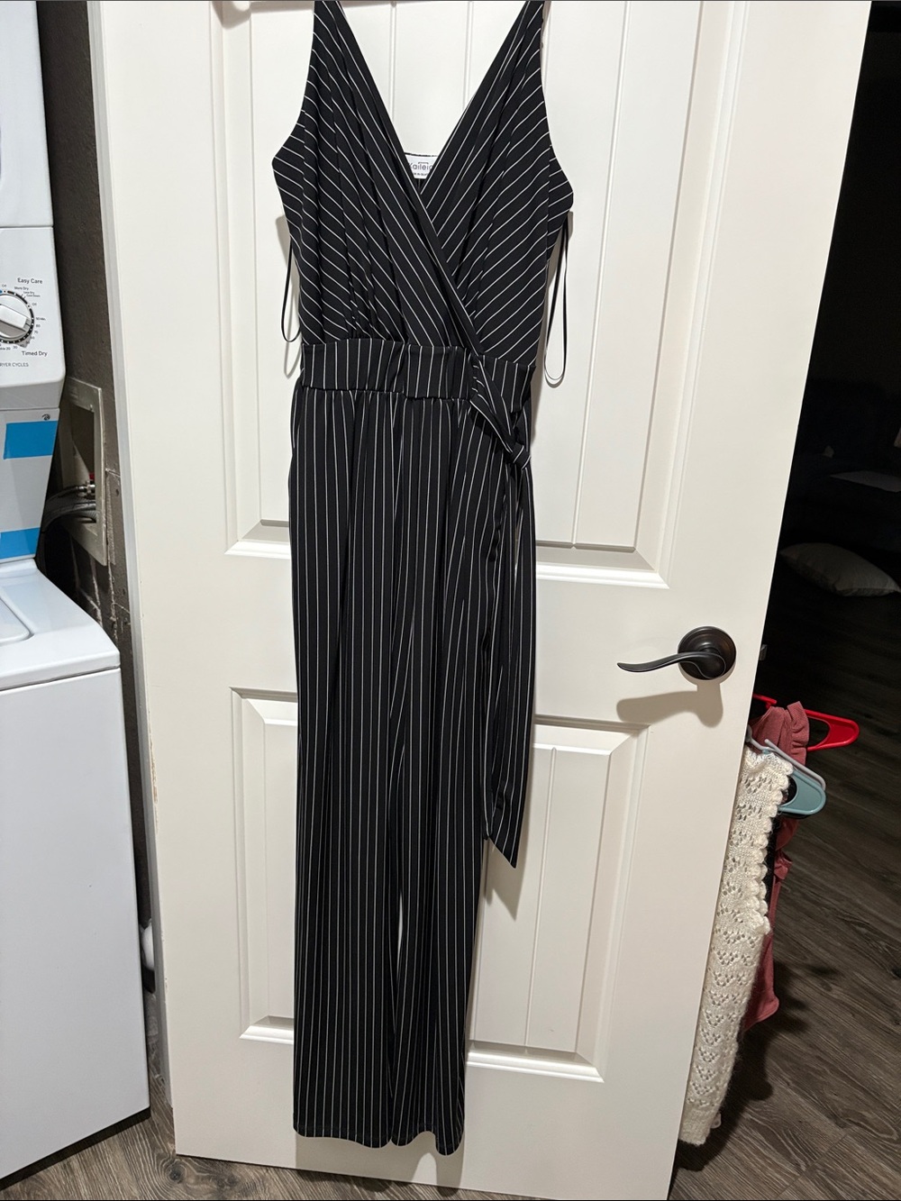 Kaileigh Black Pinstripe Wrap Jumpsuit